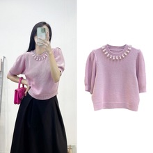 南油高端女装法式轻奢毛衣泡泡袖圆领钉珠针织衫女套头五分袖上衣