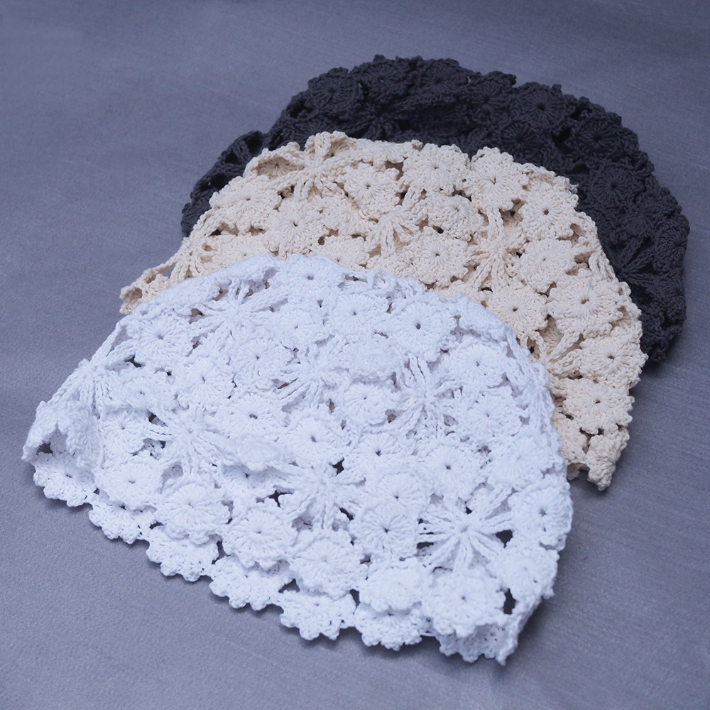 yunweny手工钩编复古小花针织帽女四季时尚钩针花朵棉线手钩帽子