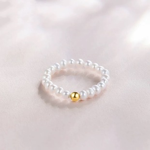 18K Gold Natural Pearl Elastic Ring Au750 Color Gold Shell Beads Simple Ring Versatile Hand Jewelry Gold Factory Wholesale
