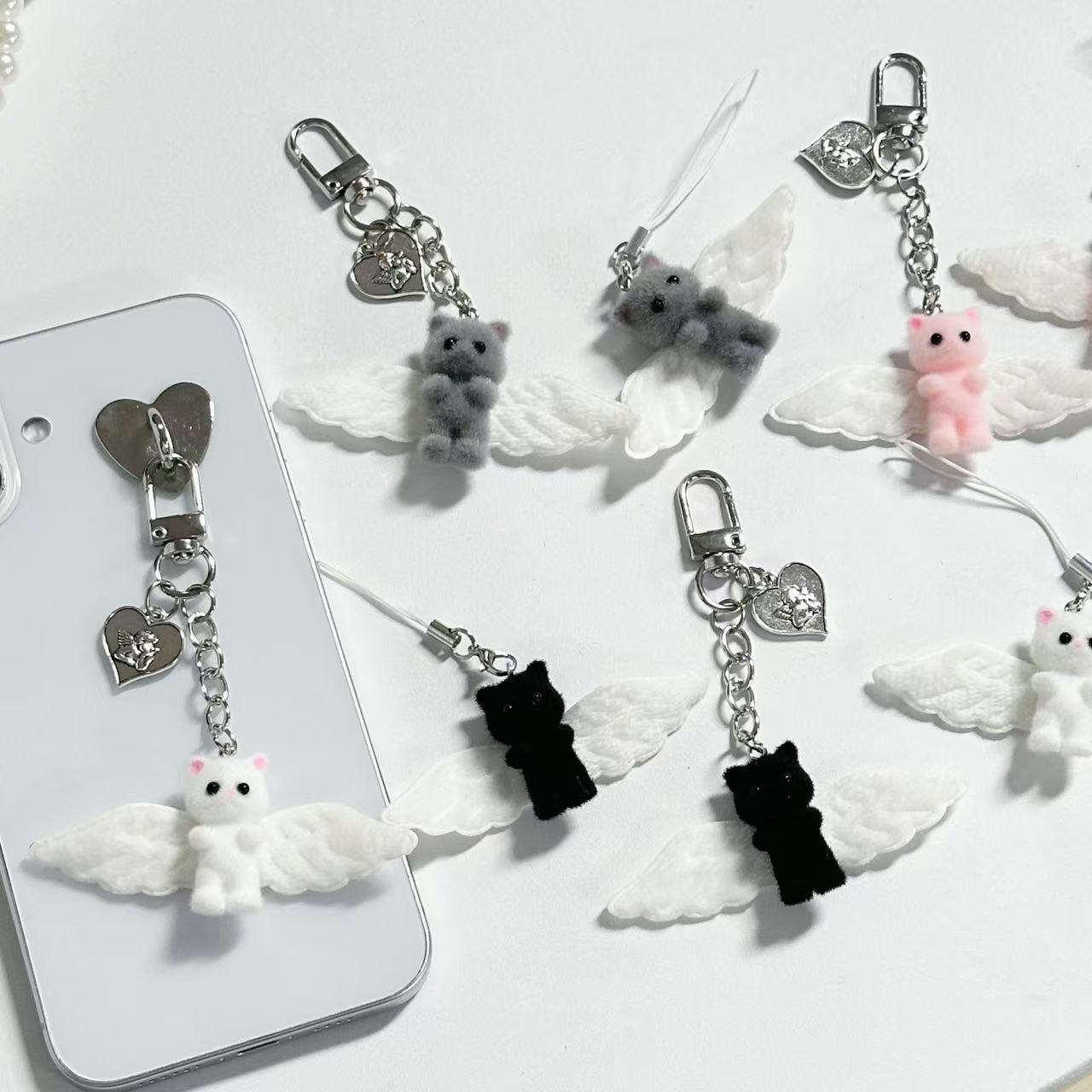 Cross-Border Cute Angel Flocked Cat Mobile Phone Chain Pendant Three-Color Sweet Girly Heart Bag Mobile Phone Pendant Batch