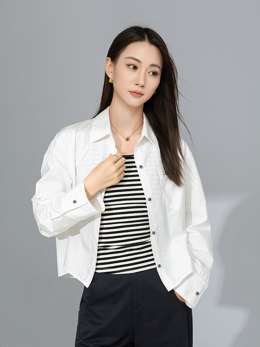 Áo sơ mi polo dài tay nữ kiểu Pháp chất cotton thụng, dáng ngắn mặc ngoài cardigan — Xanh nước muối
