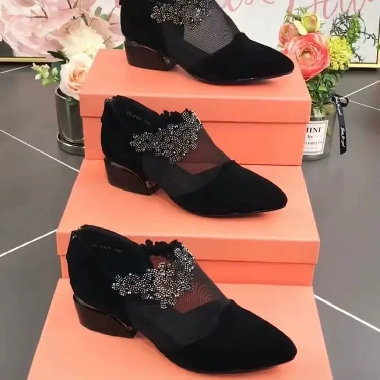 Трансграничные трансграничные весенние новые модные онлайн ботинки повседневные толстые каблуки заостренные сетчатые пряжи с яркими бриллиантами наклейки для женских туфель большой размер
