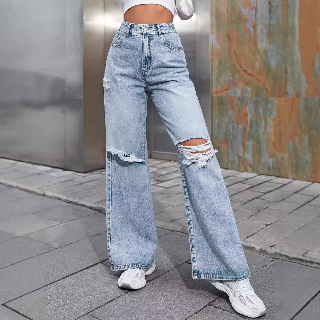 2026 Foreign Trade Temu Amazon Cross-Border Women's Fashion European and American Ins Style Ripped High-Waisted Wide-Leg Casual Jeans