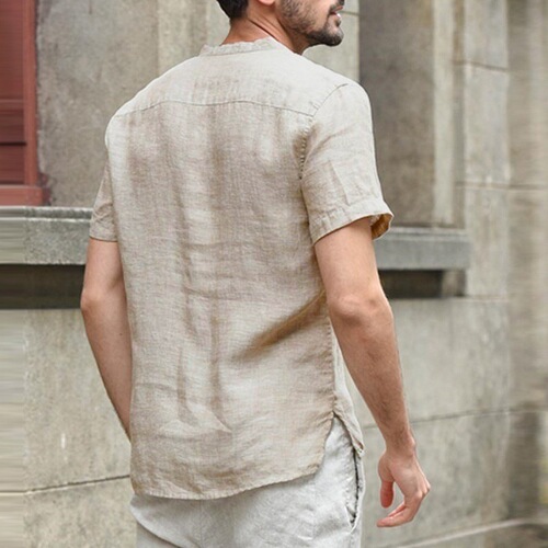 Men's Plain Color Stand Collar Half-Open Thin Short-Sleeve Shirt - Popular in Europe and America, Exports, Casual Men's Clothing