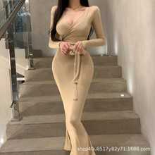 韩国春夏新款百搭系带显身材性感女人味V领收腰低胸包臀连衣长裙