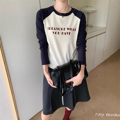 013秋季2025新款慵懒风松弛感撞色上衣插肩长袖字母打底衫女士T恤