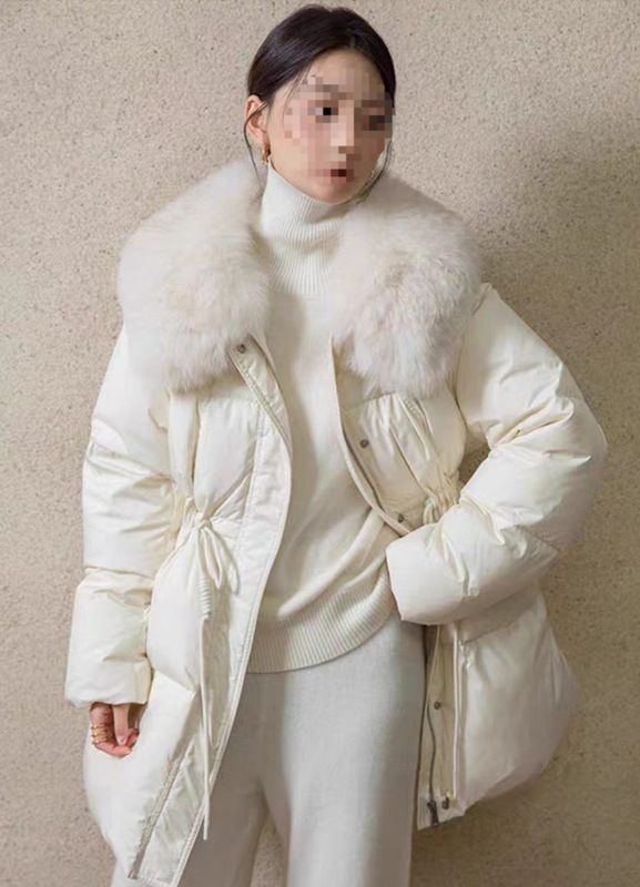 Yuyan Winter New Product 25 Korean Style High-Quality Fox Fur Collar Waist Mid-Length White Duck down Jacket