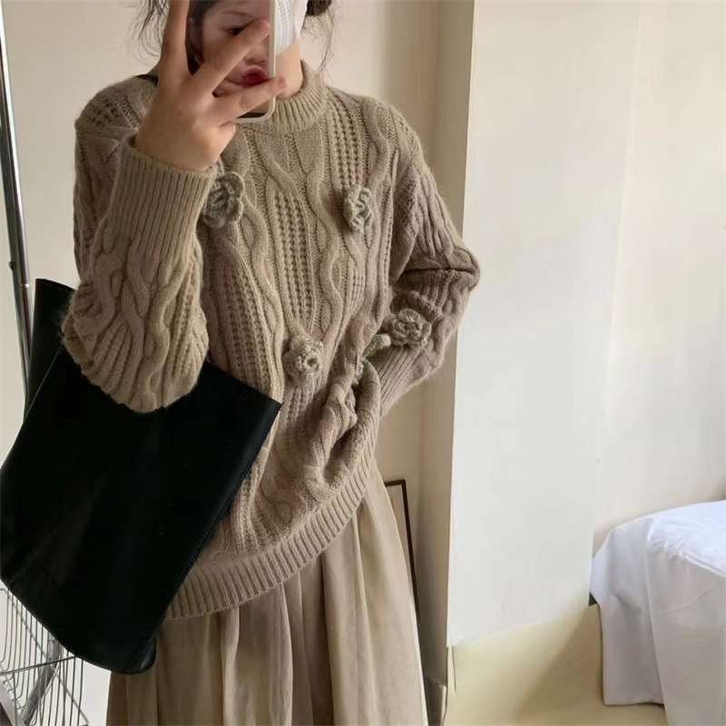 Suéter de punto estilo coreano con cuello redondo y diseño de rosa tridimensional, moda otoño 2024 image 4