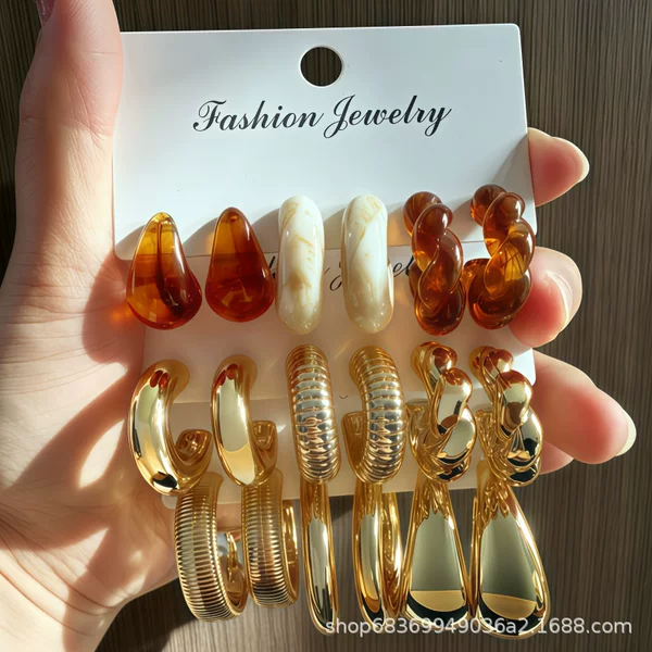Cross-border 9-piece set of earrings with twisted thread, water drop, C-shaped geometric hoops, resin CCB, European and American foreign trade earrings wholesale
