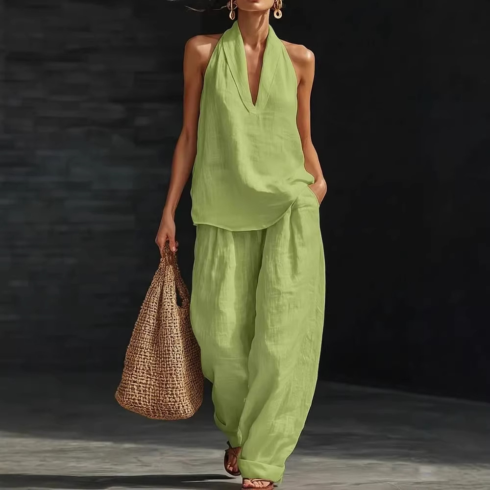 Women's Linen Two-Piece Set Vest And Camisole Office Casual Summer Outfit Breathable Comfort_ecoleips.com