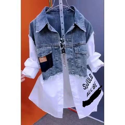 Cross-Border New Denim Fake Two-Piece Shirt for Women 2025 Striped Splicing Letter Design Outer Wear Long-Sleeved Shirt Trendy