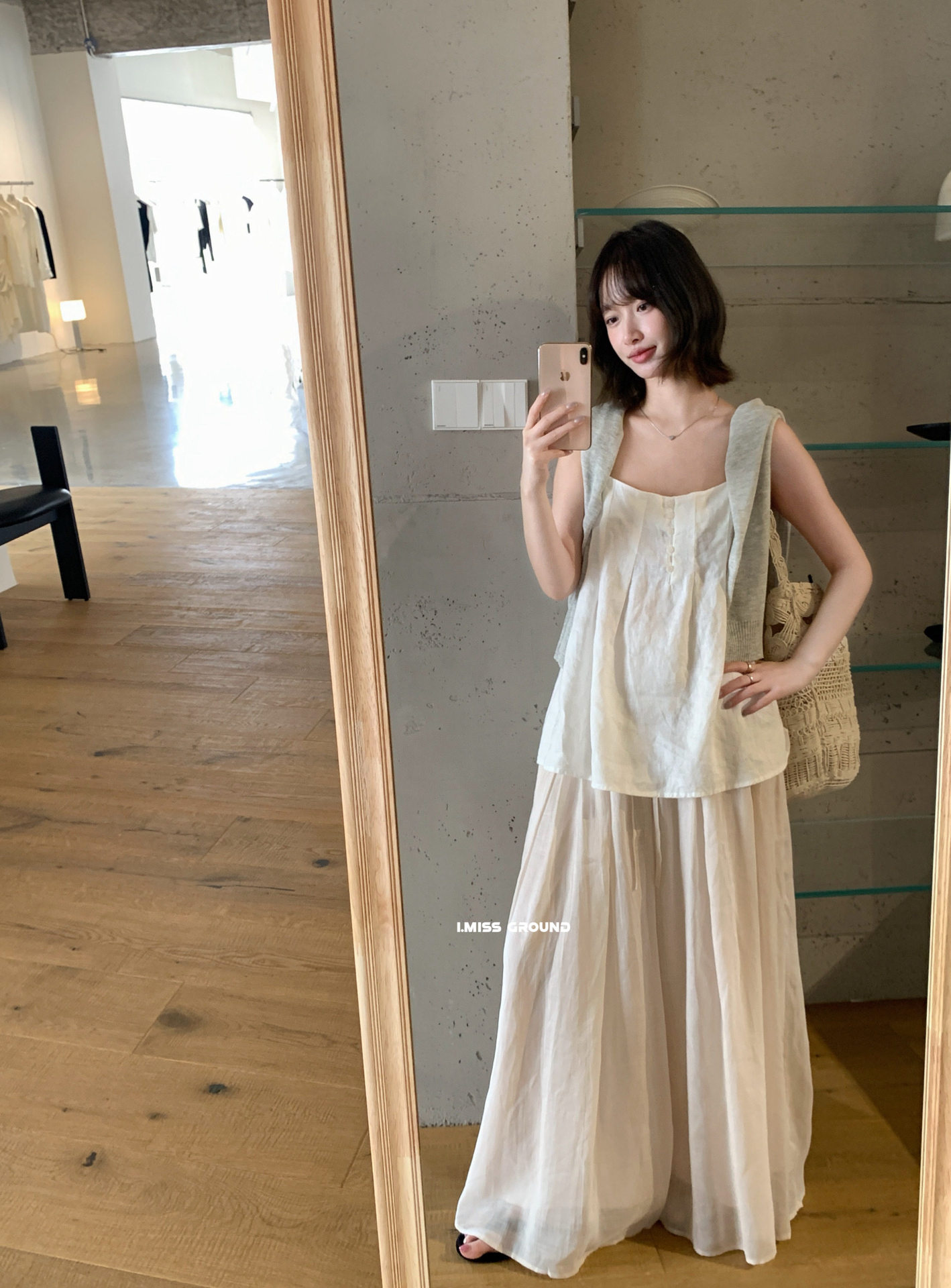 Quần culottes ống rộng chất liệu ramie mát mẻ, cạp chun, phong cách nghỉ dưỡng — màu hồng, Màu xanh sữa, màu mơ chi tiết 7