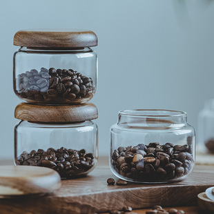 Simple Transparent Glass Storage Jar Solid Wooden Lid Round small size Storage Jar Household Dry Cargo Coarse Cereals Coffee Sealed Jar