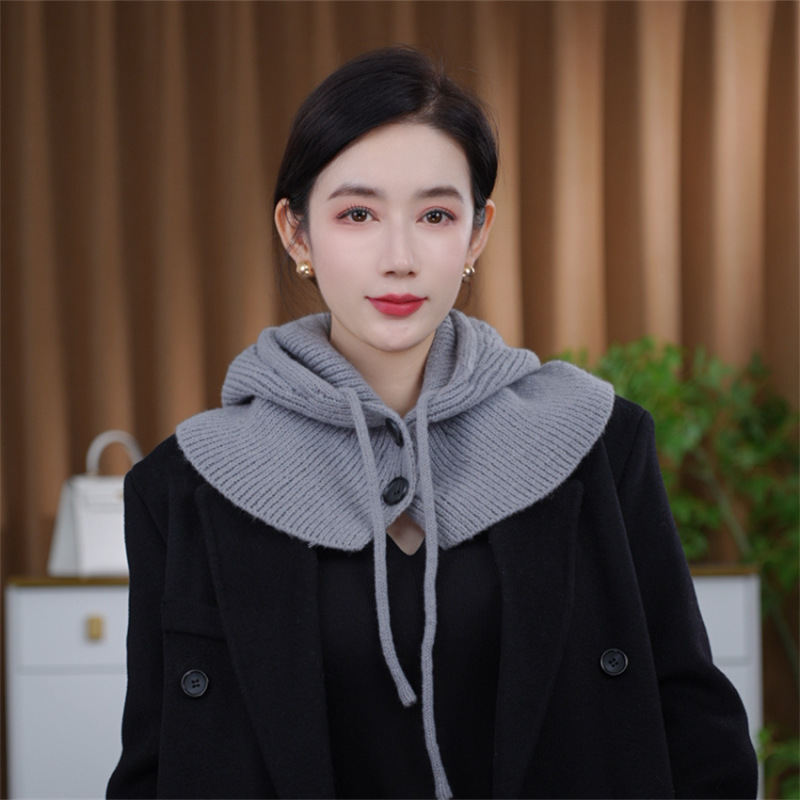 ファッションニット可拉可拉法帽子ボタン付き女性秋冬韓国版保温マフラー耳保護ヘッドキャップ両用|undefined