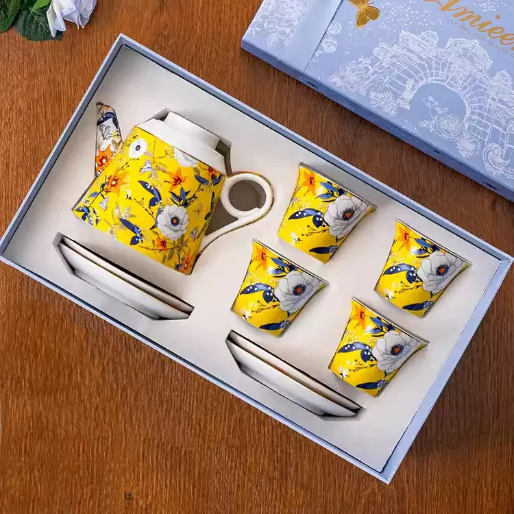中式典雅轻奢描金一壶四杯碟茶具套装金黄色花园茶壶咖啡杯碟组合
