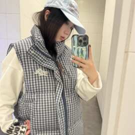 美式格子无袖羽绒棉服马甲女秋冬2025年新款叠穿宽松马夹背心外套