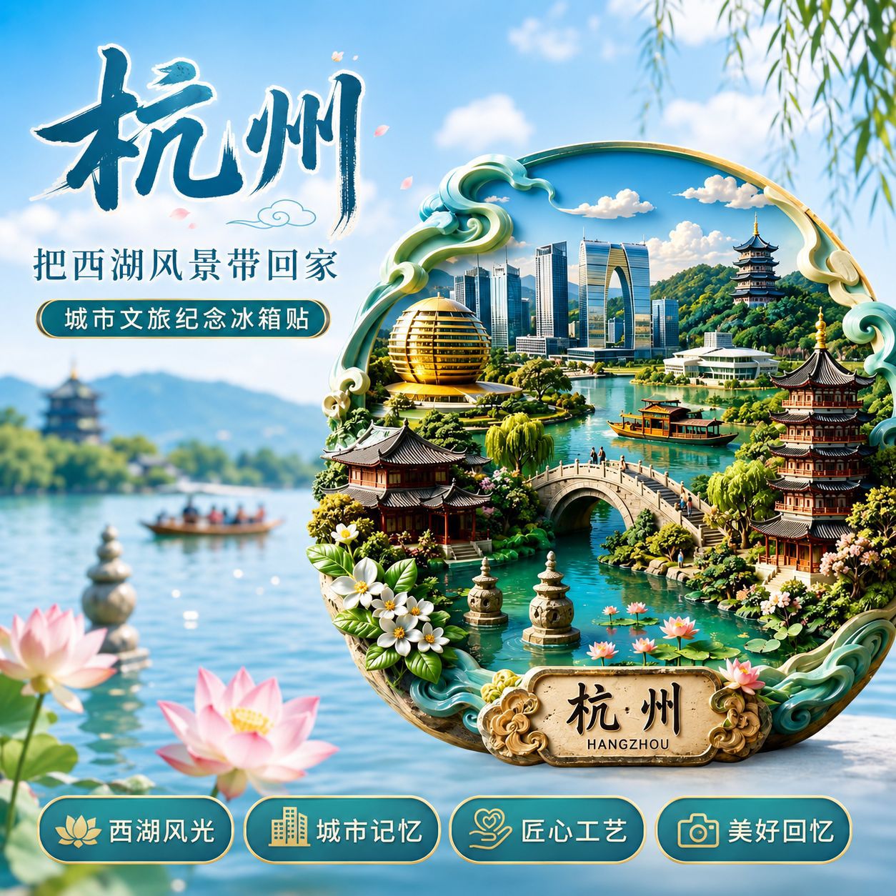 杭州3d立体冰箱贴金属浮雕冰箱贴旅游纪念品伴手礼杭州冰箱贴磁吸