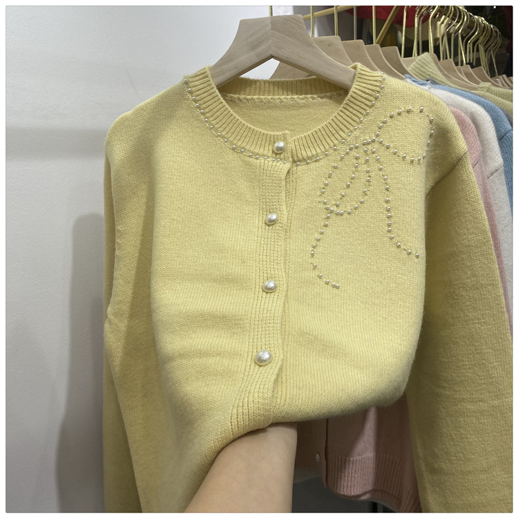 Women's Clothing Chic Embellished Bow Knit Cardigan For Women - Autumn Casual Long Sleeve Open Front Sweater (Blue, Yellow, Gray, Beige, Pink)​_voghion.com