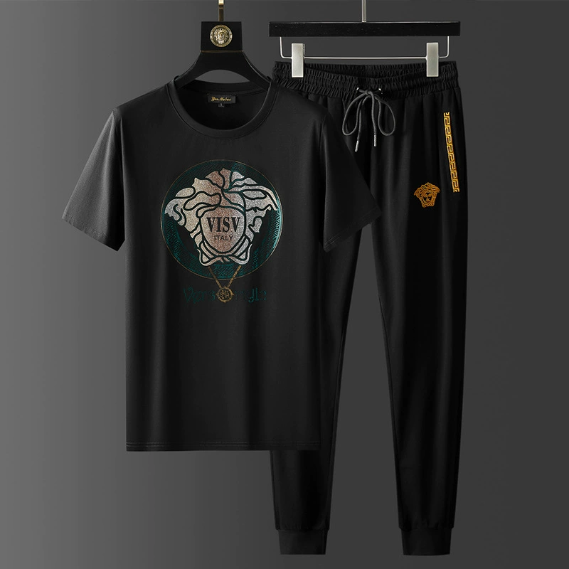 Летний европейский костюм с короткими рукавами, мужской модный топ Medusa с горячими бриллиантами, повседневная спортивная короткая футболка, комплект из двух предметов