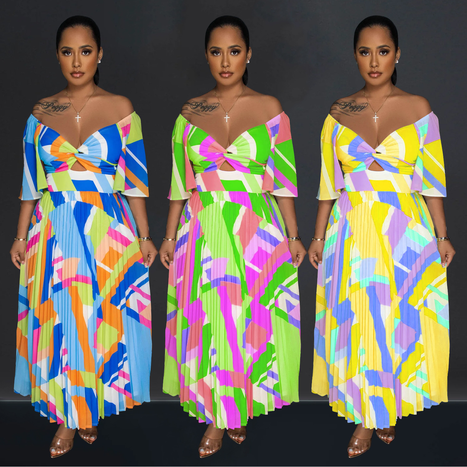 C6879 Cross-border AliExpress Amazon Vestido de falda larga plisada sin espalda con estampado sexy para mujer de moda europea y americana