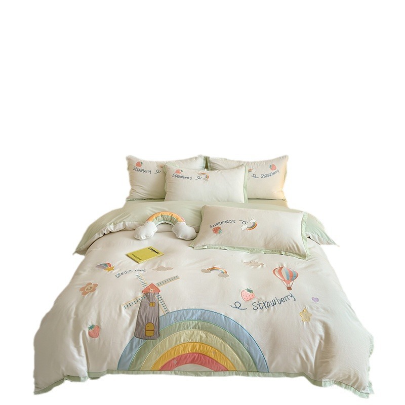 De gama alta lindo 100 de algodón puro niñas de cuatro piezas de dormitorio de estudiantes hoja de cama cubierta del edredón suave transpirable de algodón puro conjunto de tres piezas