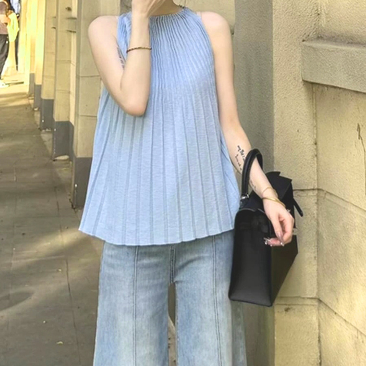 純粋な欲望のホットガールプリーツノースリーブベスト女性の夏の新しいデザインニッチホルターネック痩身トップ|undefined
