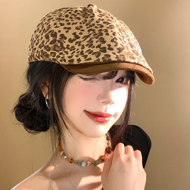 美式复古辣妹风豹纹前进帽大头围显脸小帽子女款春秋百搭贝雷帽潮|undefined