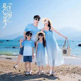海边沙滩裙新款亲子装连衣裙一家三口夏天三亚母女度假母子牛仔裤