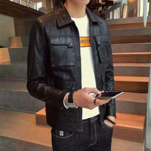 European and American retro workwear leather coat for men trendy Korean style slim fit autumn and winter New lapel motorcycle leather jacket for men