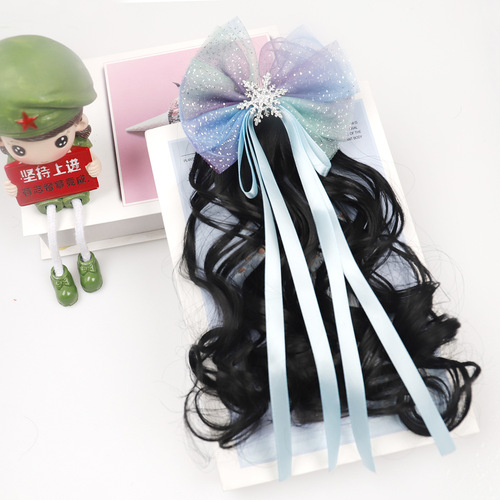 Children's hair accessories bow wig curly ponytail cross-border ribbon chemical fiber wig clip style curly high ponytail