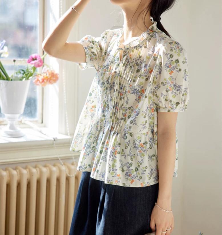 Áo sơ mi nữ hoa nhí tay ngắn cổ nơ ren Pháp — Rừng hoa chi tiết 5