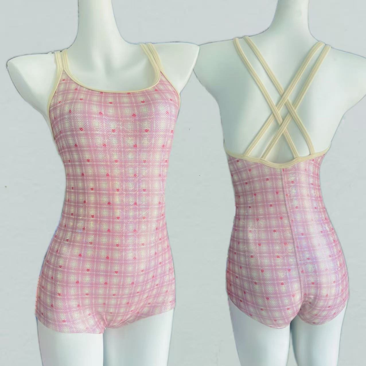 Love pink plaid one-piece racing swimsuit with small boxer angles, conservative micro-pressure, slimming girl, sweet hot spring vacation swimsuit