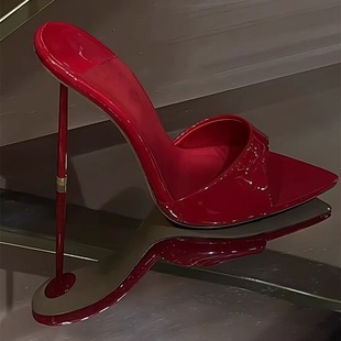 High Heels, Pointed Toe, Fish Mouth, Ultra-Thin Heel, Patent Leather, Simple Sandals, New Outer Wear, Sexy Red Wedding Sandals for Women