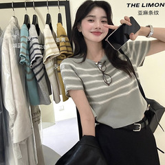 THELIMON柠檬绿条纹短袖针织衫女茶2025秋季新款修身显瘦短款上衣