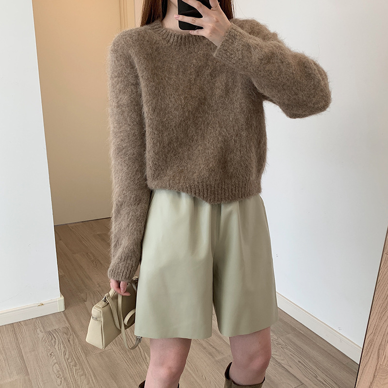 PU leather shorts women's autumn and winter A- line high waist slimming loose wide leg outer wear versatile casual cropped pants