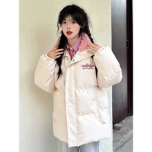 粉色羊羔毛拼接撞色pu皮棉服女冬季新款设计感字母刺绣面包服外套