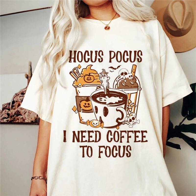 European Size T-Shirt [Cross-Border European Size] Hocus Pocus I Need Coffee to Focus Cartoo
