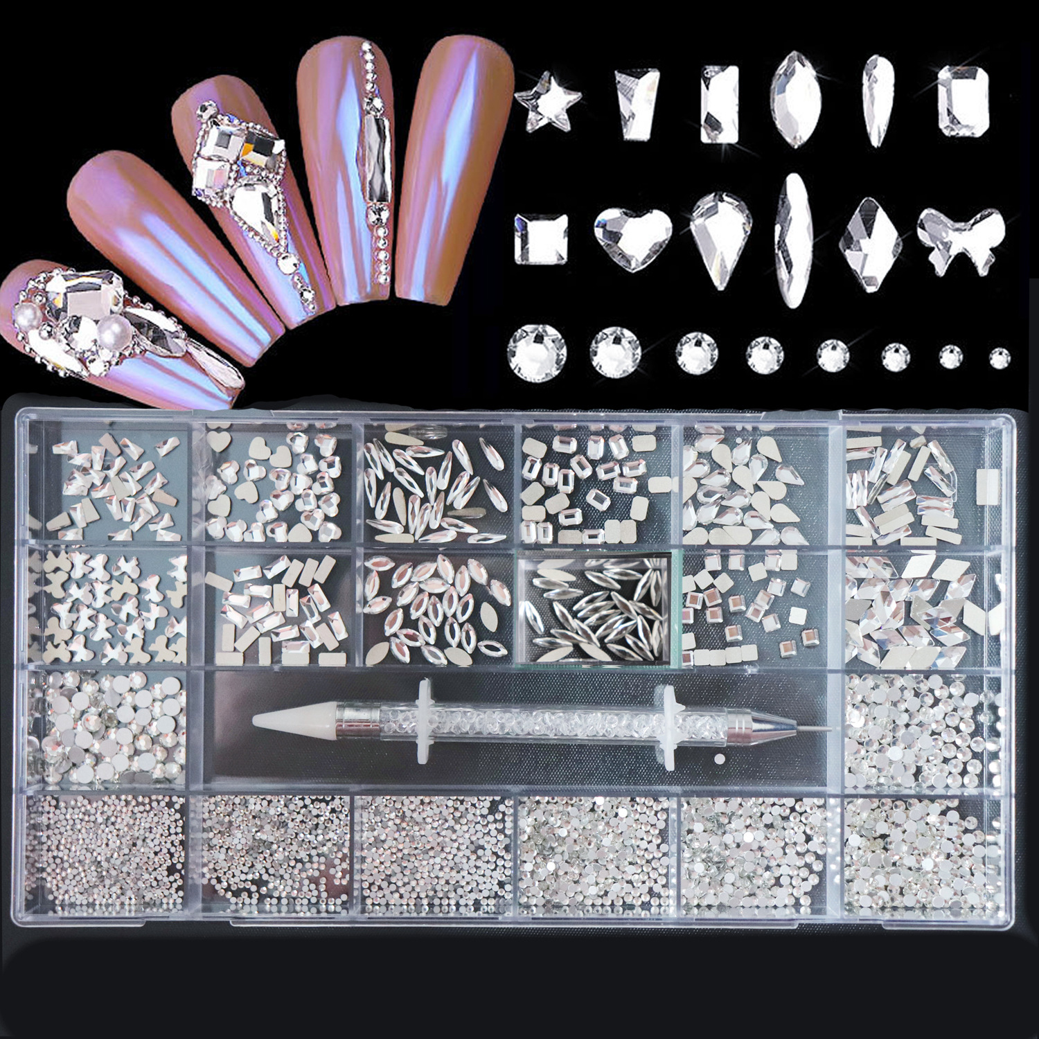 En caja 21 rejilla taladro de uñas de cristal diamante plano en forma de diamante especial DIY uñas de diamantes de imitación traje de joyería de uñas una generación