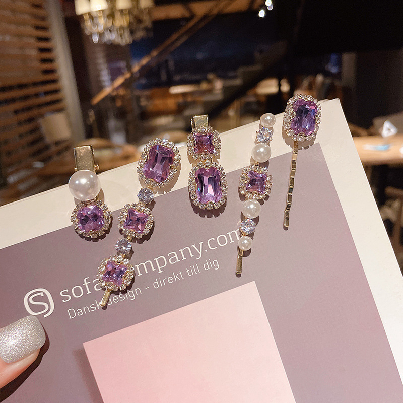 Yimino Light Luxury Niche 5-piece Set Gem Pearl Hairpin One-character Clip Retro Green Head Hair Accessories for Women