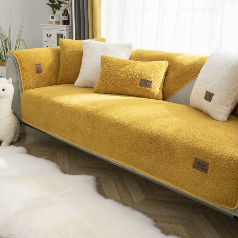 外贸跨境冬季新款现代简约纯色加厚羊羔绒沙发垫防滑沙发坐垫巾罩