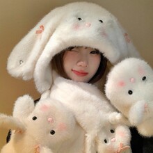 可爱兔耳朵毛绒帽女冬季甜美卡通护耳帽子保暖防寒围巾手套三件套