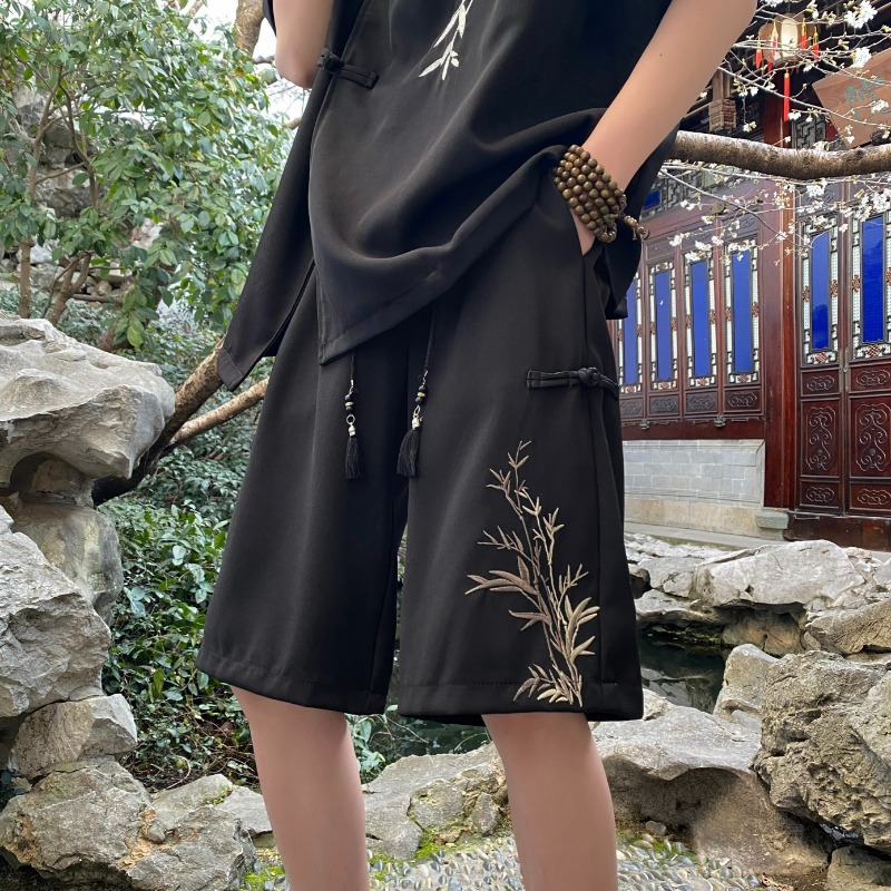 Summer Mid-length Pants High Street Quick-drying National Fashion Suit Shorts Men's Thin National Style Bamboo Five-point Embroidery New Chinese Style Casual