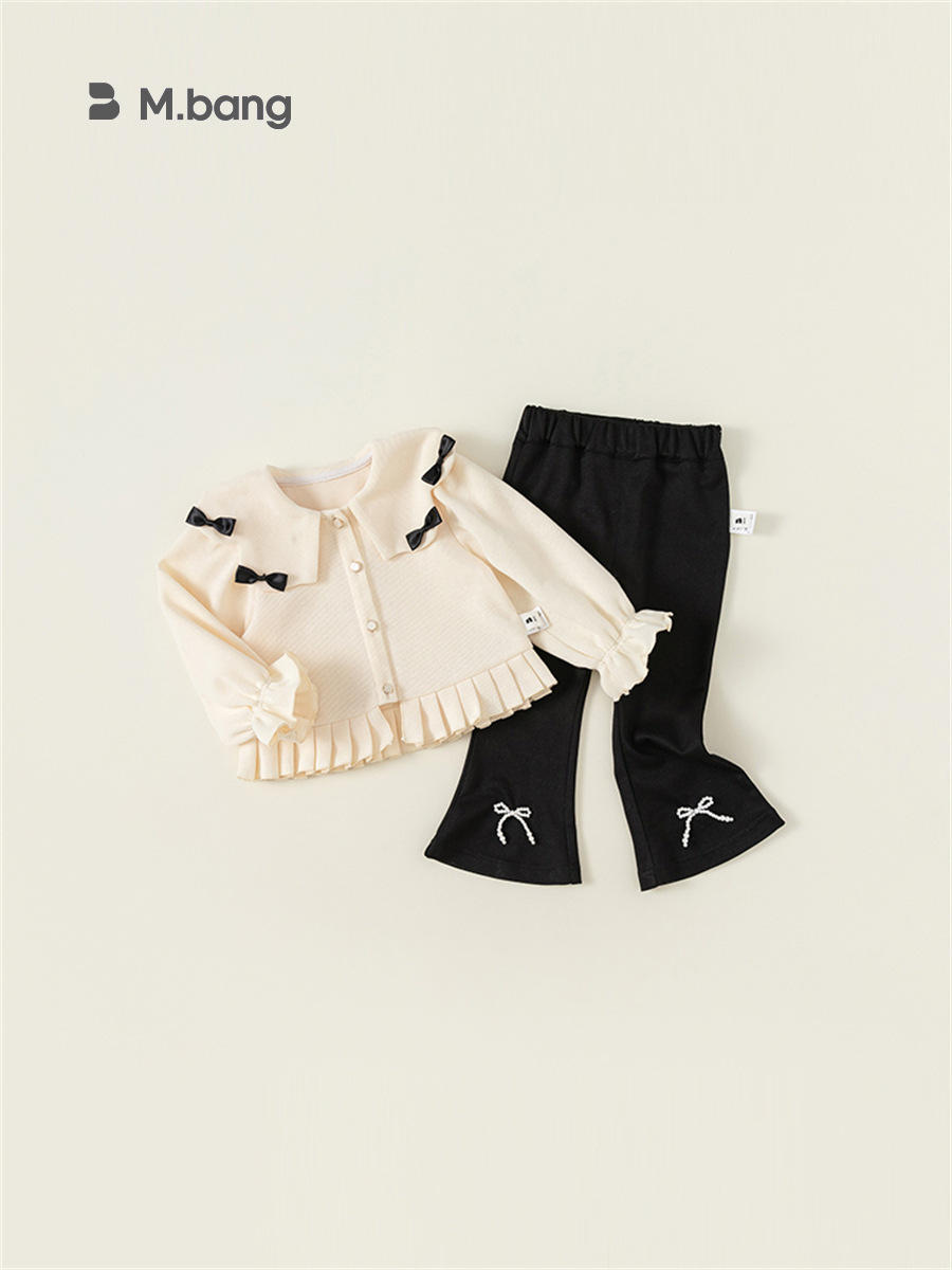 Conjunto de Dos Piezas para Niñas Youbao, Primavera y Otoño, Estilo Chanel, Ropa Infantil, Chaqueta con Solapa y Lazo, Pantalones Acampanados