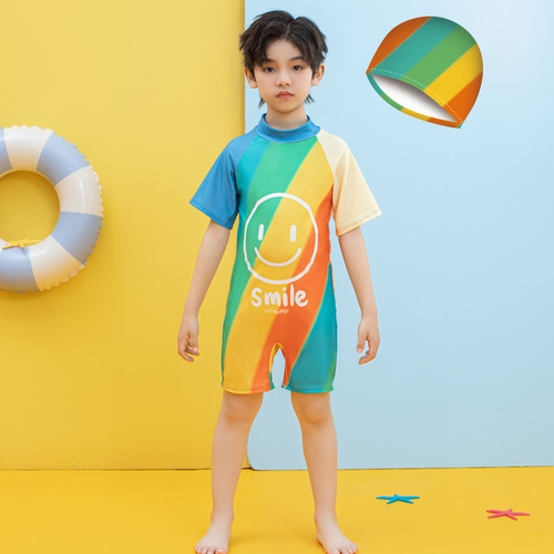 Cartoon children's swimsuit one-piece for boys, medium and small children, short-sleeved shorts swimwear for babies, boys, conservative swimming suit, stylish