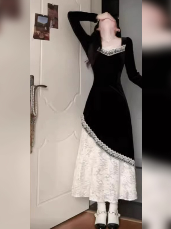 French Black Hepburn Style Velvet Dress for Women, Autumn Elegant, High-End, Slim-Fitting Birthday Dress, Long Skirt