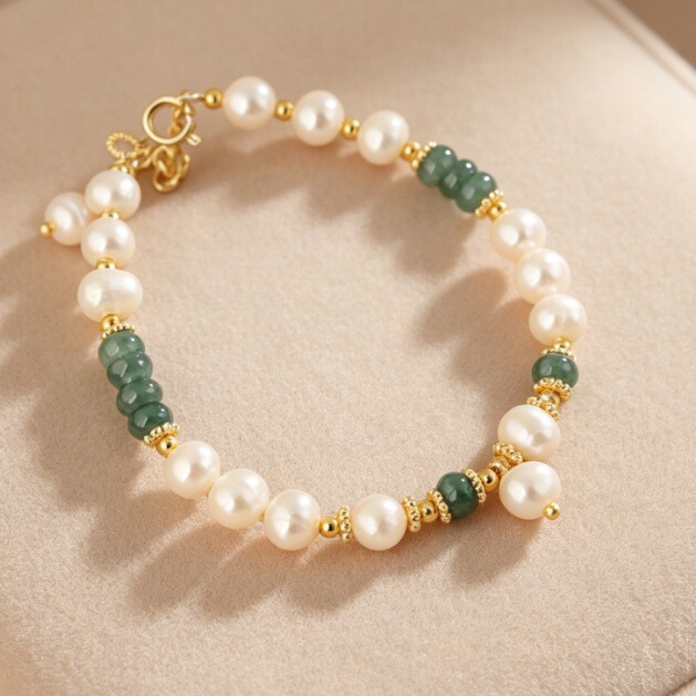 Oval-Shaped Freshwater Pearl and Red Agate Bracelet, Fashionable Jade and Clear Water Green Stone Bracelet, Elegant Hand Jewelry