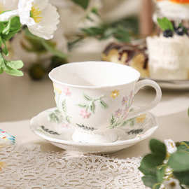 寻千釉下彩手工浮雕陶瓷碎花高脚咖啡杯碟复古精致高颜值下午茶