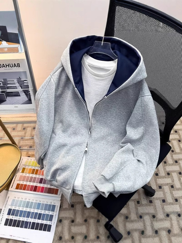 韓国系シンプル風ダブルジッパーフード付きカーディガン男性新型シルエット秋冬高級感cleanfitコート|undefined