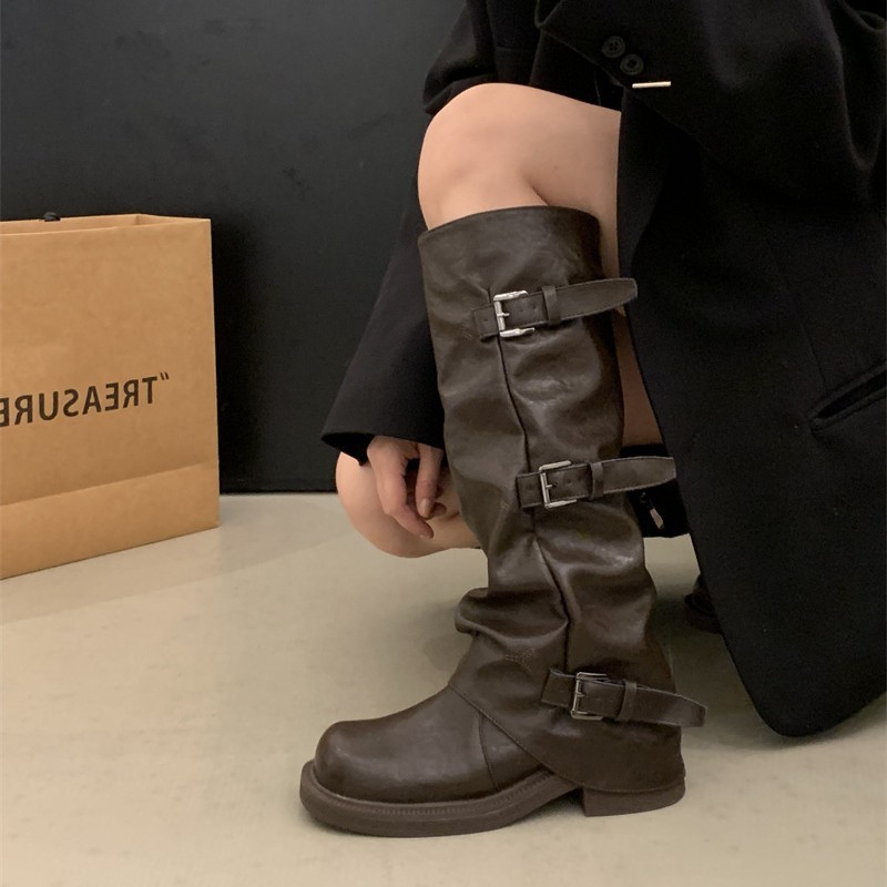 2025新款复古粗跟中筒靴女秋冬新款复古粗跟西部牛仔堆堆靴女|undefined