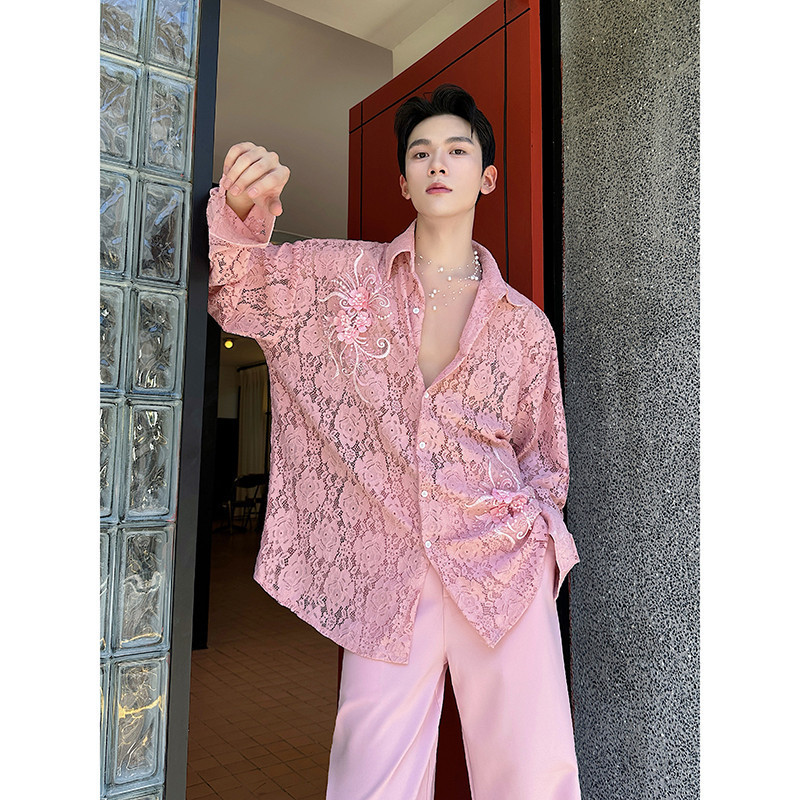 See-Through Abstinence Design French Retro Lace Embroidered Shirt for Men and Women, Spring and Autumn Personalized Pink Niche Shirt See-Through Abstinence Design French Retro Lace Embroidered Shirt for Men and Women, Spring and Autumn Personalized Pink Niche Shirt
